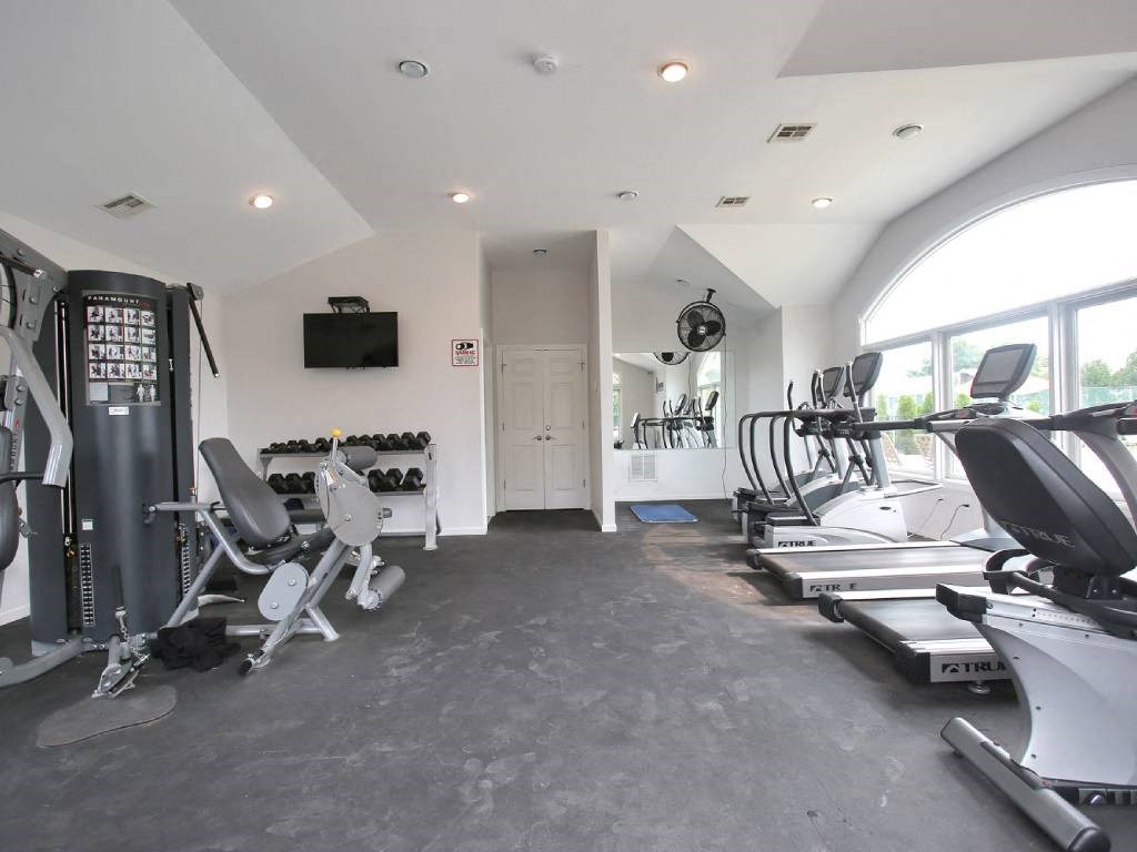 a home gym with weights and cardio equipment