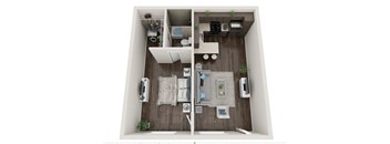A top-down view of a small apartment with a living room, kitchen, and bathroom.