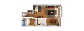 A floor plan of a house with a kitchen, living room, and bathroom.