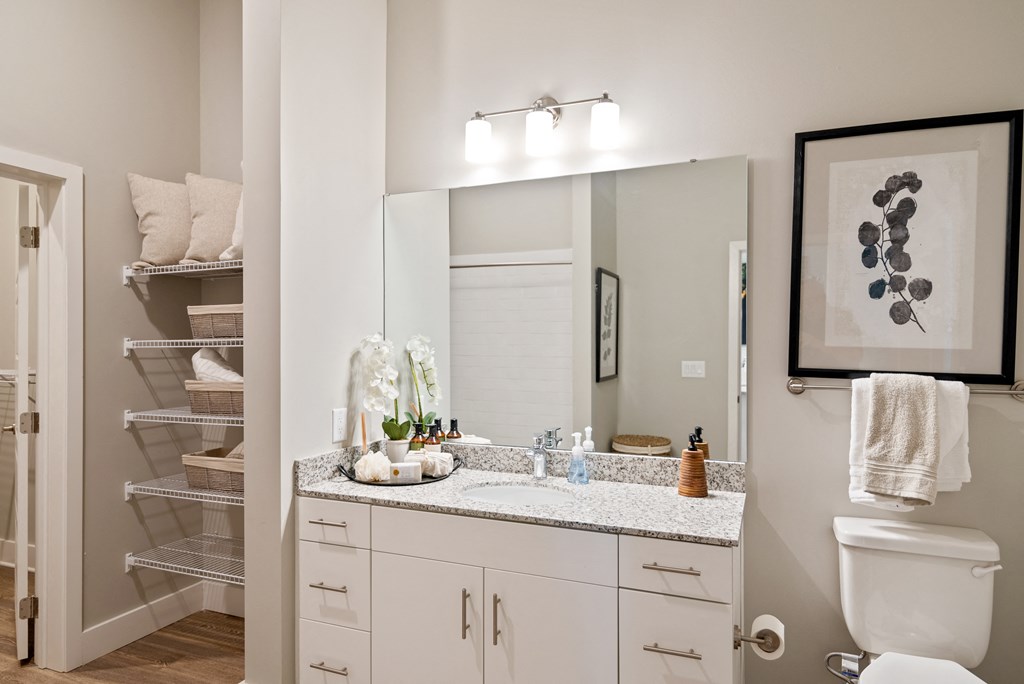 a bathroom with a large mirror and a toilet and a sink