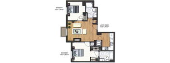 A floor plan of a house with two bedrooms and a living room.