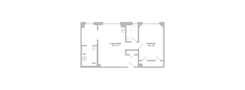 A floor plan of a small apartment with a living room, bedroom, and bathroom.