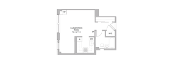 A floor plan of a living and dining room sits to the left of an entry way and a bathroom.