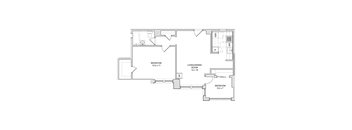 A floor plan of a house with two bedrooms and a living/dining room.