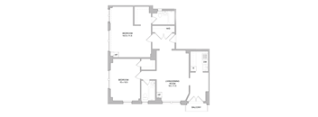 A floor plan of a house with two bedrooms, a living/dining room, a balcony, and a hallway.
