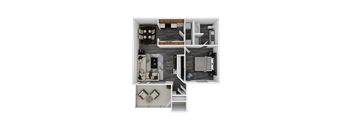 Aruba one-bedroom, one-bath apartment floor plan with 720 square feet, a patio and separate dining area in Henderson, NV.