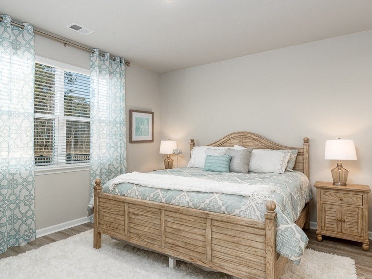 Myrtle Beach, SC Homes-The Palmer at Carolina Forest-Bedroom with Wood Plank Flooring, Faux Wood Blinds, and High Ceilings