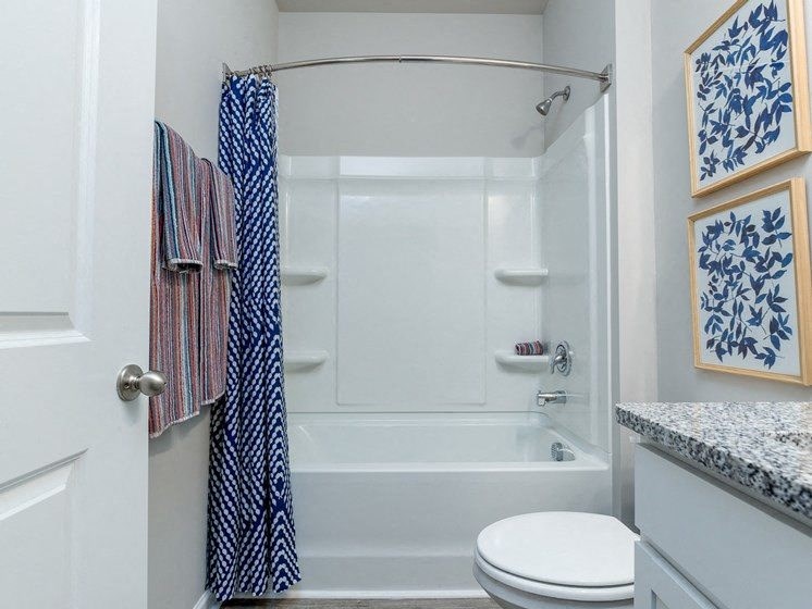 a bathroom with a bathtub and a toilet