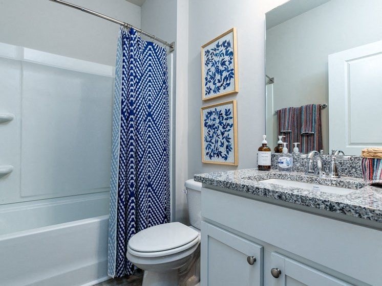 Rental Homes In Myrtle Beach, SC - The Palmer At Carolina Forest - Bathroom With Walk-In Shower, Large Mirror, And Chrome Bathroom Finishes