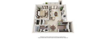 A 3D floor plan of a house with a living room, kitchen, dining room, and bathroom.