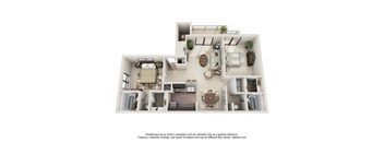 A 3D floor plan of a house with a living room, kitchen, dining room, and two bedrooms.