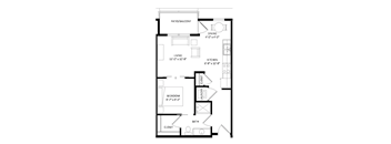 A floor plan of a small apartment with a living room, kitchen, bathroom, bedroom and laundry room.