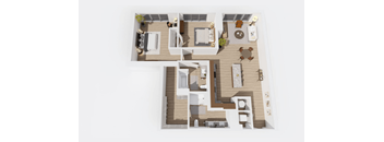 A top-down view of a house layout with a kitchen, living room, dining area, and bedrooms.
