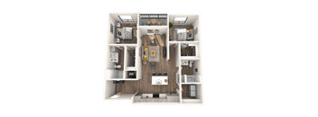 A top-down view of a small apartment with a kitchen, living room, and bedroom.