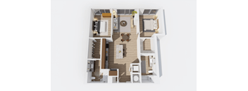 A top-down view of a modern apartment layout with a kitchen, living room, and bathroom.
