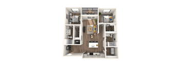 A 3D rendered image of a modern apartment layout.