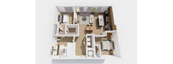 A 3D rendered image of a modern apartment layout.