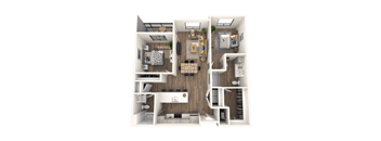 A top-down view of a small apartment with a kitchen, living room, and bedroom.