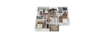 A top-down view of a house layout with a central living area, bedrooms, and bathrooms.