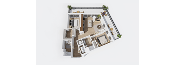 A 3D rendered image of a house layout.