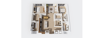 A top-down view of a house layout with a central open space and surrounding rooms.