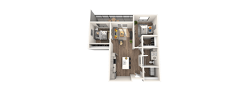 A 3D floor plan of a small apartment with a kitchen, living room, and bathroom.