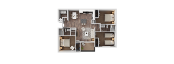 A top-down view of a house layout with a central living area, bedrooms, and bathrooms.