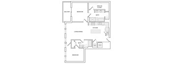 A floor plan of a home with a living room, dining room, kitchen, and two bedrooms.
