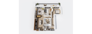 A top-down view of a house layout with a kitchen, living room, and two bedrooms.