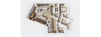 A top-down view of a house layout with a living room, kitchen, dining area, and bedrooms.