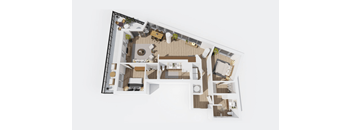 A 3D floor plan of a house with multiple rooms and furniture.