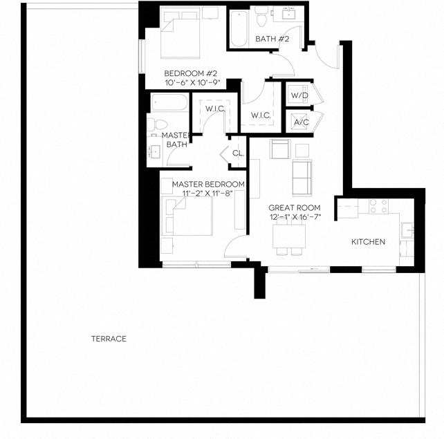 2 Bed 2 Bath 1,001 square feet floor plan B5