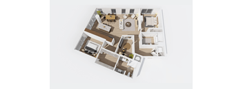 A 3D floor plan of a house with a living room, kitchen, dining room, and two bedrooms.