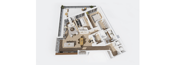 A 3D rendered image of a house layout.