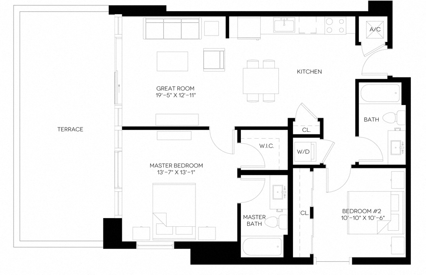 2 Bed 2 Bath 985 square feet floor plan B6-A