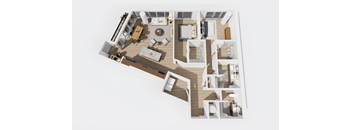A 3D floor plan of a house with a kitchen, living room, and bedrooms.