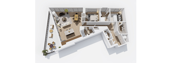 A top-down view of a house interior with a kitchen, living room, and bathroom.