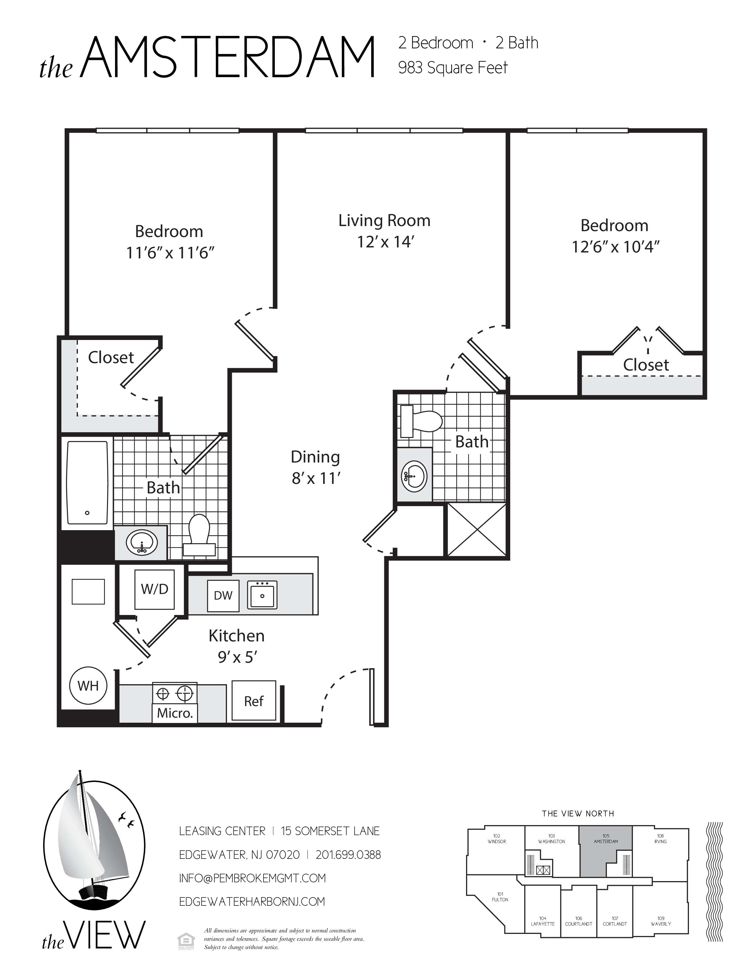 A floor plan for a 2 bedroom, 2 bathroom apartment with a kitchen and living room.