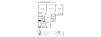 A floor plan for a 2 bedroom, 2 bathroom apartment with a kitchen and living room.