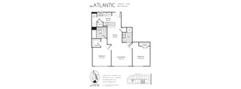 A floor plan for an apartment with a kitchen, living room, and two bedrooms.