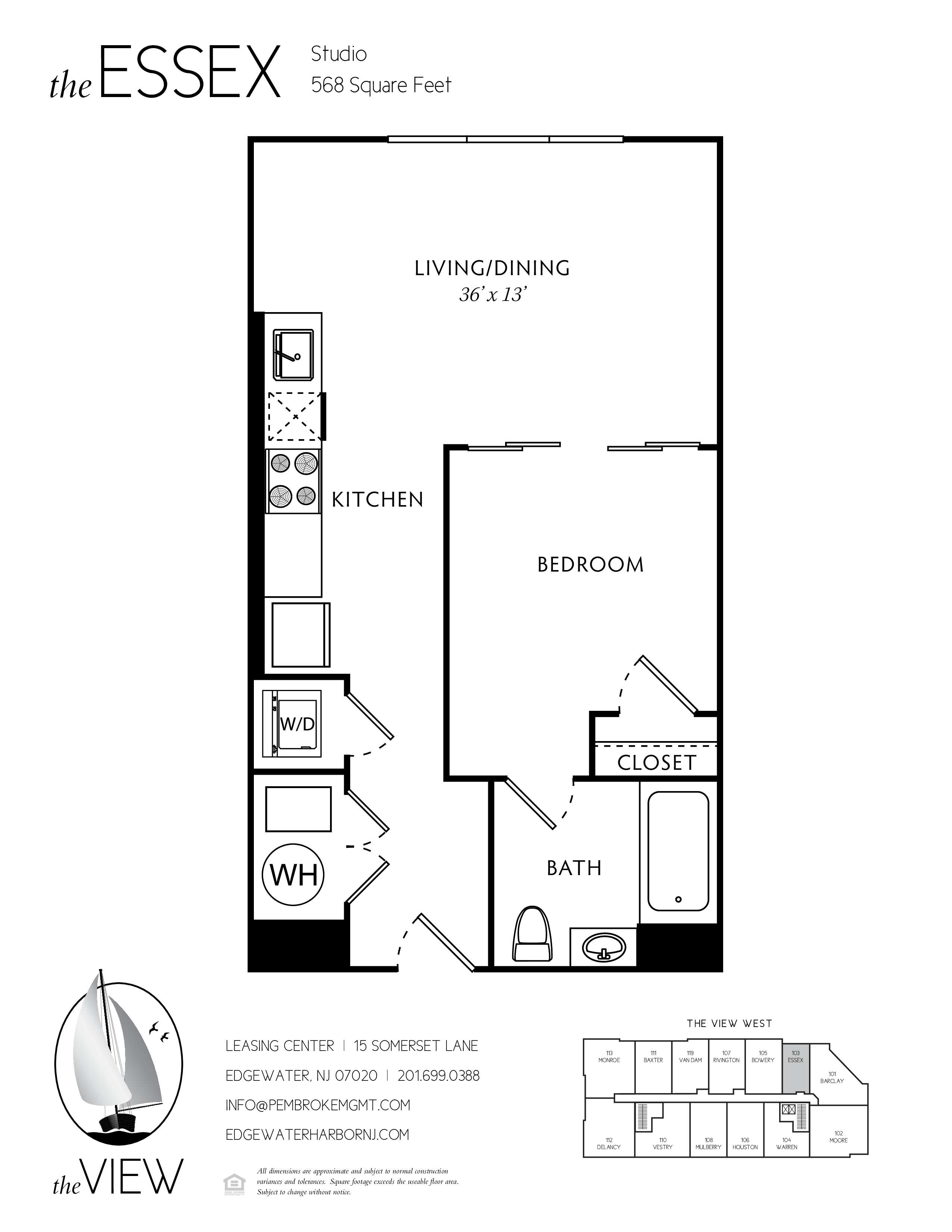 A black and white image of a floor plan for a studio apartment.