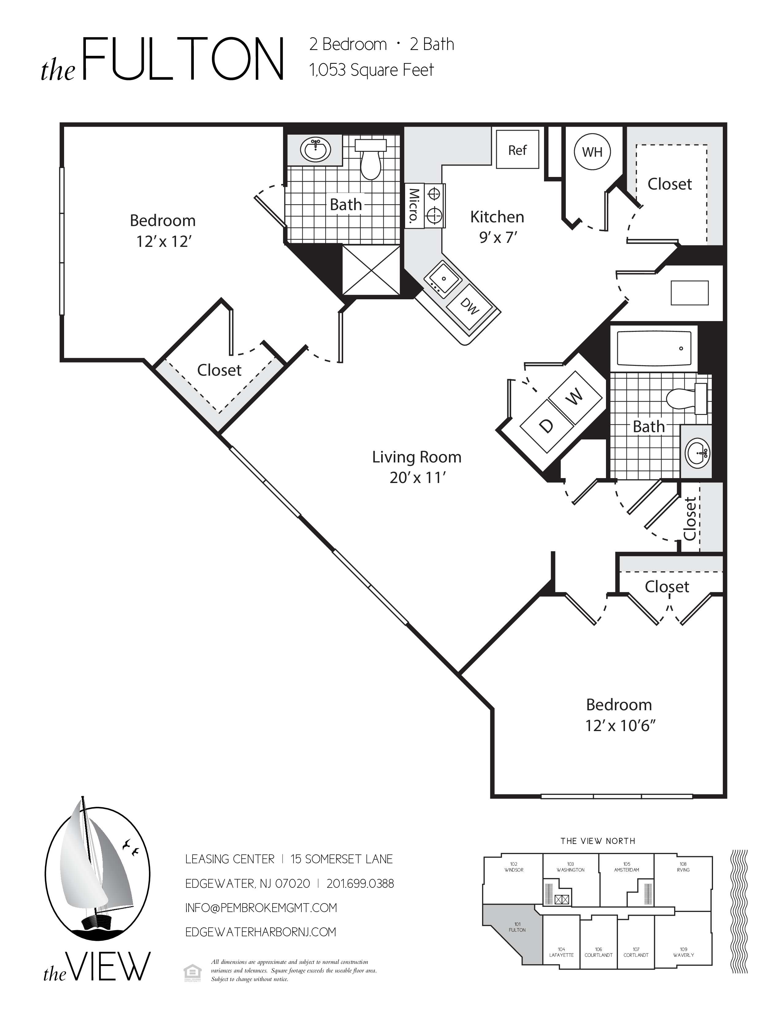 A floor plan for a property called The Fulton, showing a living room, two bedrooms, a bathroom, a kitchen, and closets.