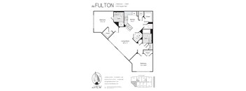 A floor plan for a property called The Fulton, showing a living room, two bedrooms, a bathroom, a kitchen, and closets.