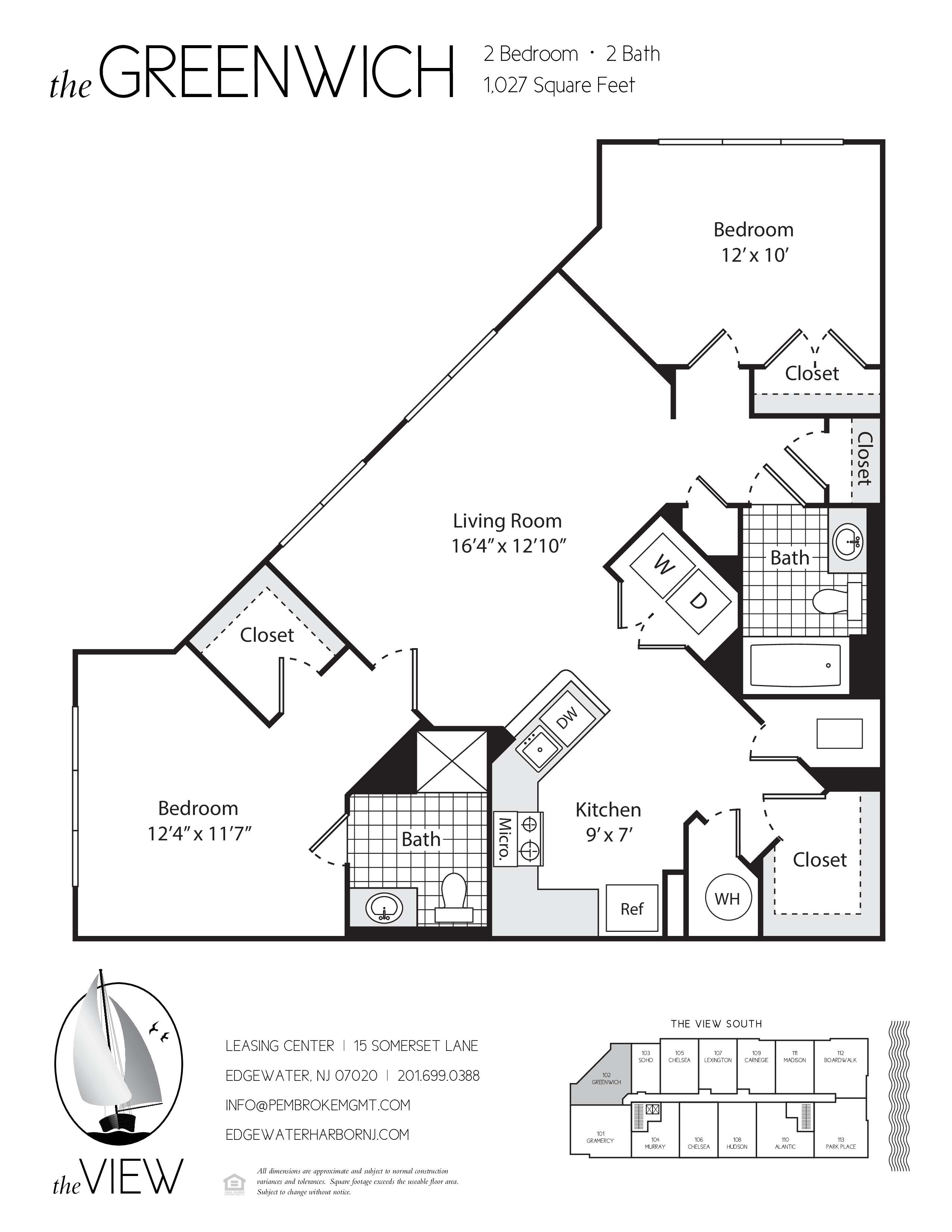 A floor plan for a 2 bedroom, 2 bath apartment at the Greenwich.