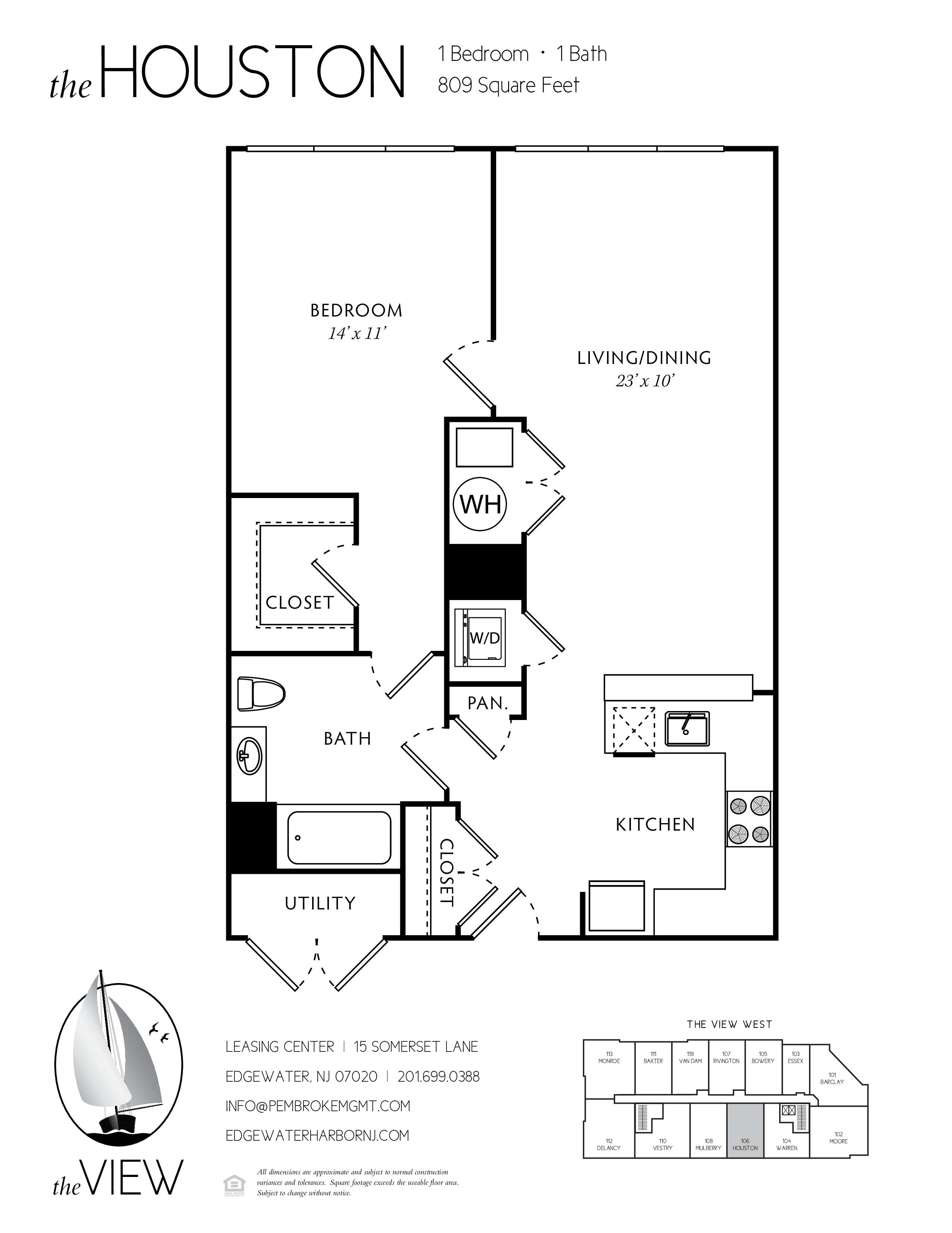 A floor plan for an apartment at the Houston, showing a bedroom, living room, kitchen, bathroom, closet, and utility.