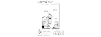 A floor plan for a property called The Hudson shows a bedroom, a living room, a dining room, a kitchen, and a bathroom.