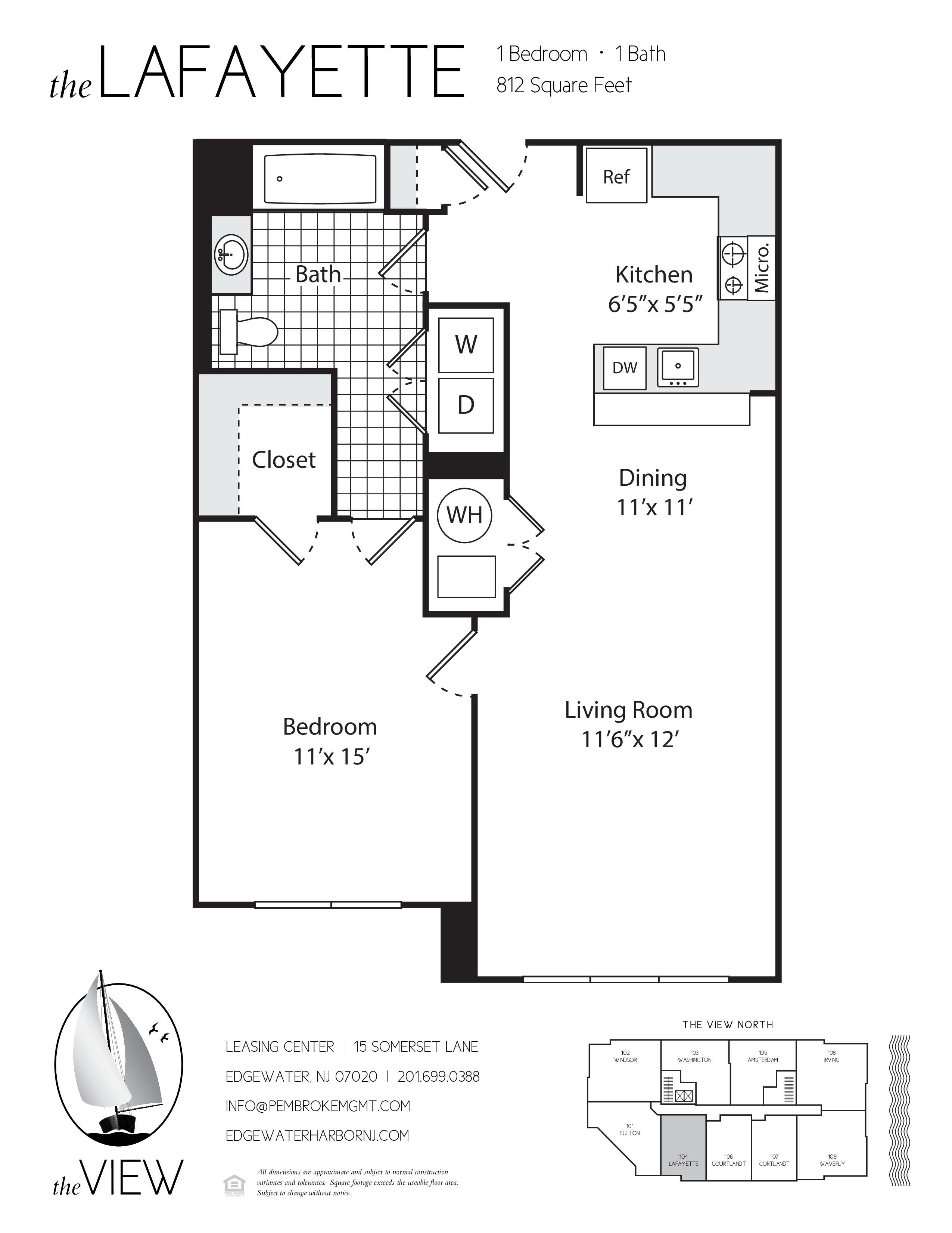 A floor plan for a property called The Lafayette, showing a living room, dining room, kitchen, and two bedrooms.
