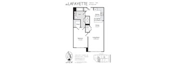 A floor plan for a property called The Lafayette, showing a living room, dining room, kitchen, and two bedrooms.
