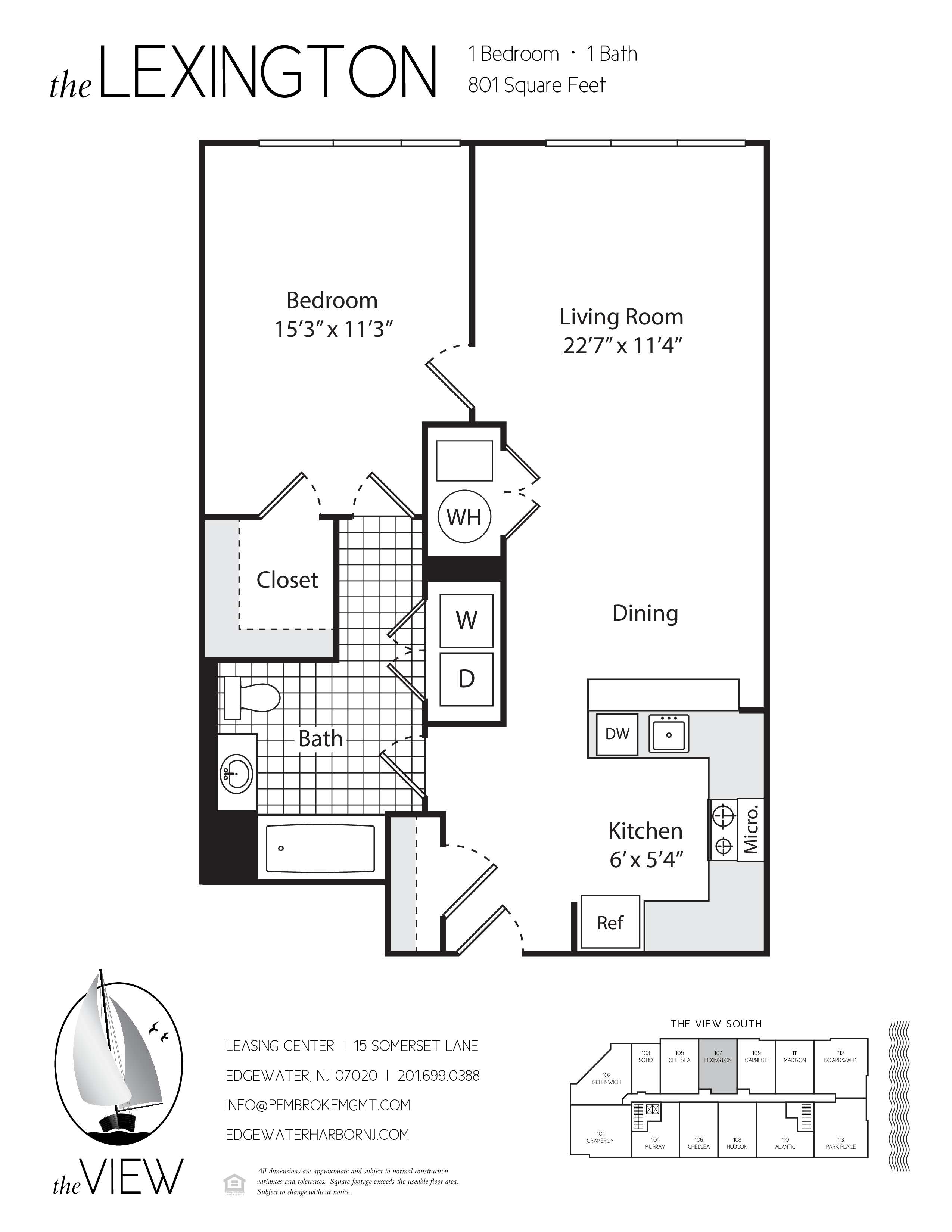 A floor plan for a property called The Lexington, showing a bedroom, living room, dining area, bathroom, kitchen and closet.