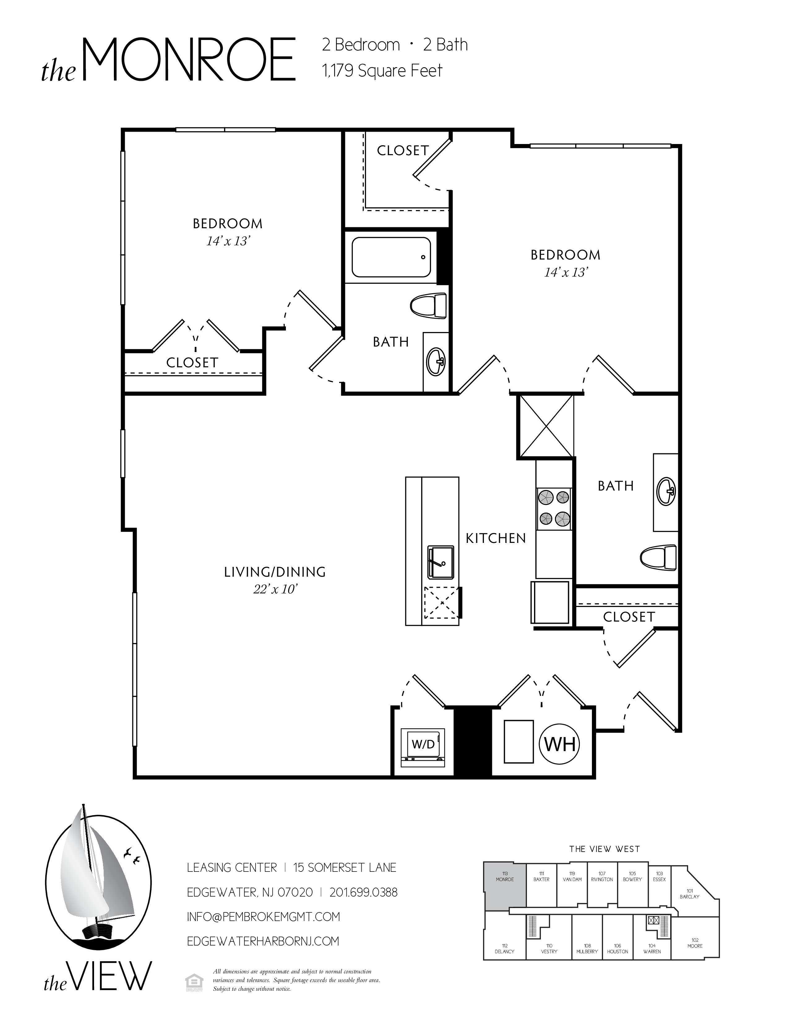 A floor plan for a 2 bedroom, 2 bath apartment at the Monroe.